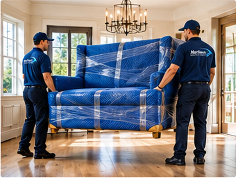 Movers carrying a wrapped sofa