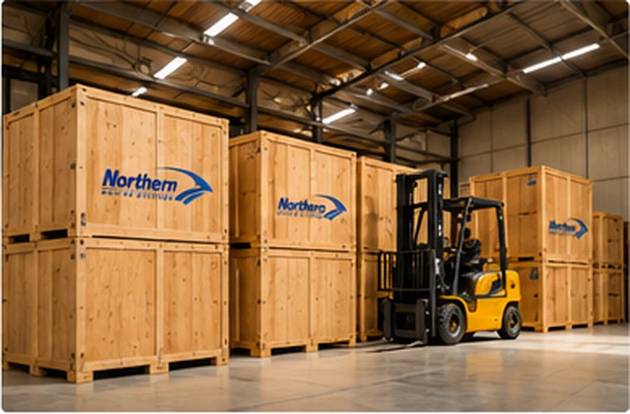 Wooden storage vaults in a warehouse